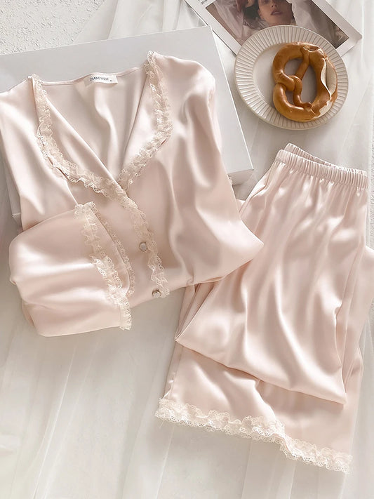 100%Silk Lace Patchwork Long Sleeve Pajama Sets, Fashion Loose Sleepwear Woman 2025
