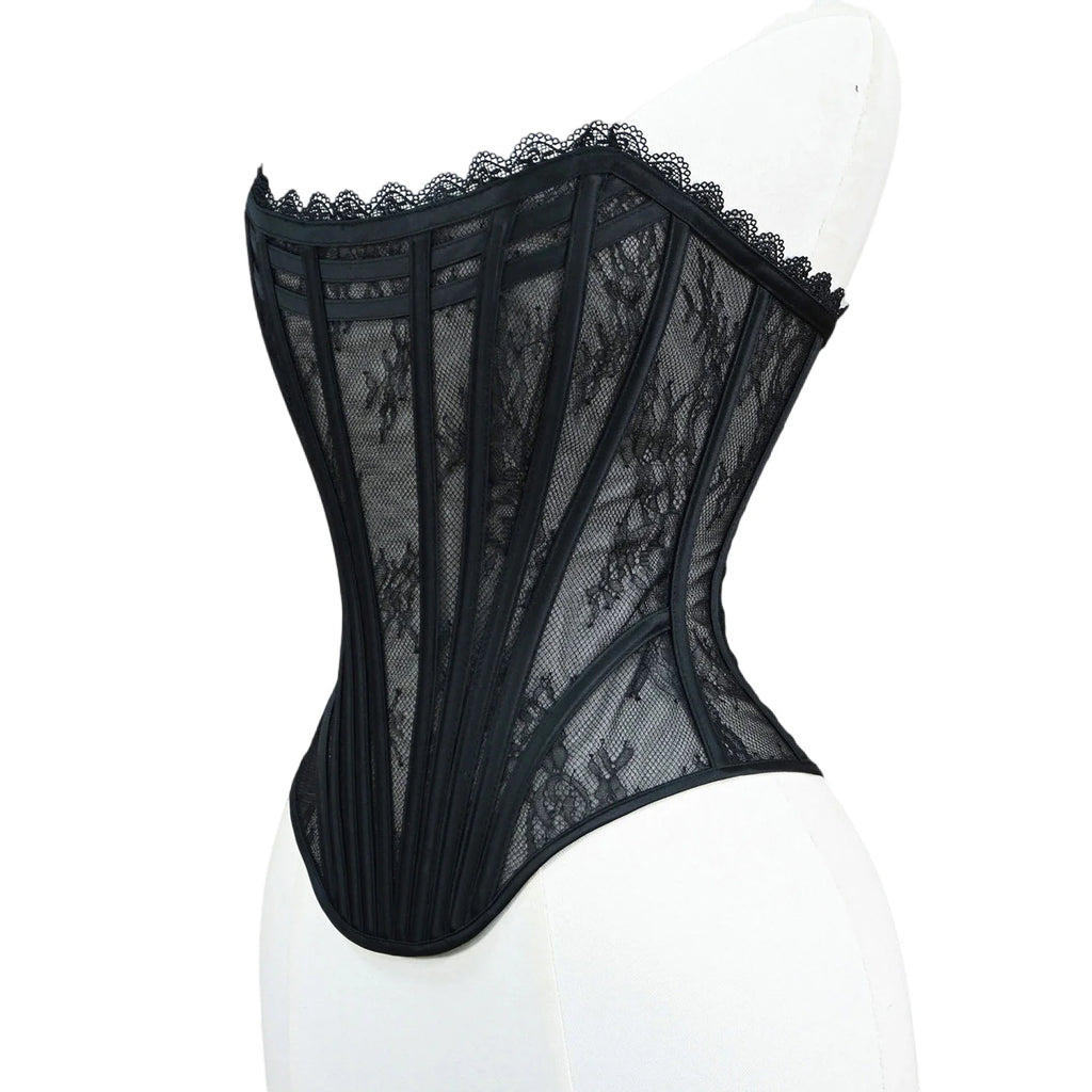 Women Luxury Transparent Mesh Corset Bustier Overbust Lace Up Boned Bodice Sexy Straoless Tube Tops For Wedding Party Costume