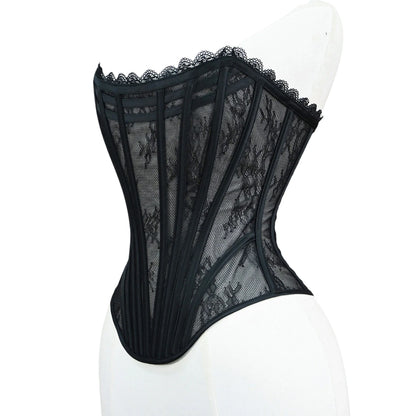 Women Luxury Transparent Mesh Corset Bustier Overbust Lace Up Boned Bodice Sexy Straoless Tube Tops For Wedding Party Costume