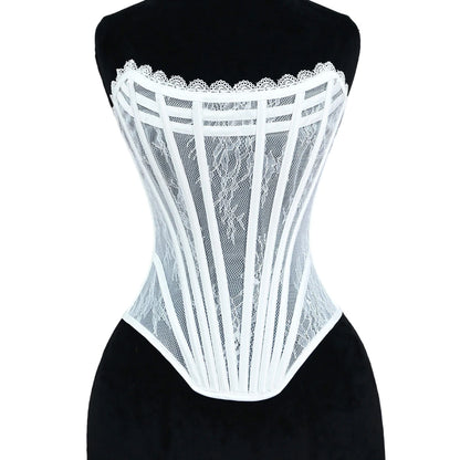 Women Luxury Transparent Mesh Corset Bustier Overbust Lace Up Boned Bodice Sexy Straoless Tube Tops For Wedding Party Costume