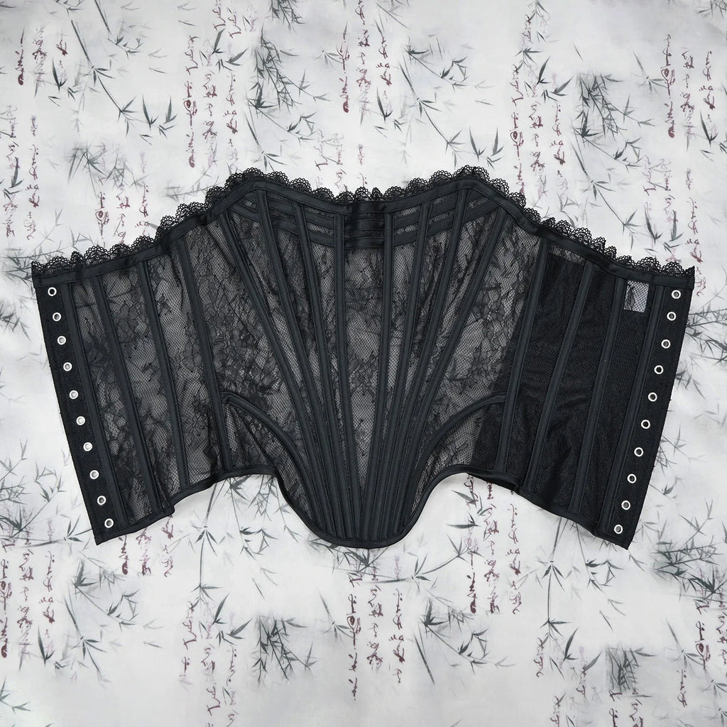 Women Luxury Transparent Mesh Corset Bustier Overbust Lace Up Boned Bodice Sexy Straoless Tube Tops For Wedding Party Costume