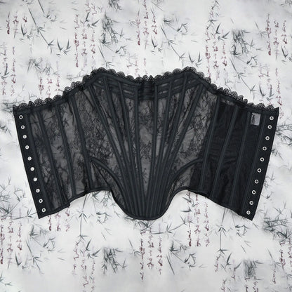 Women Luxury Transparent Mesh Corset Bustier Overbust Lace Up Boned Bodice Sexy Straoless Tube Tops For Wedding Party Costume