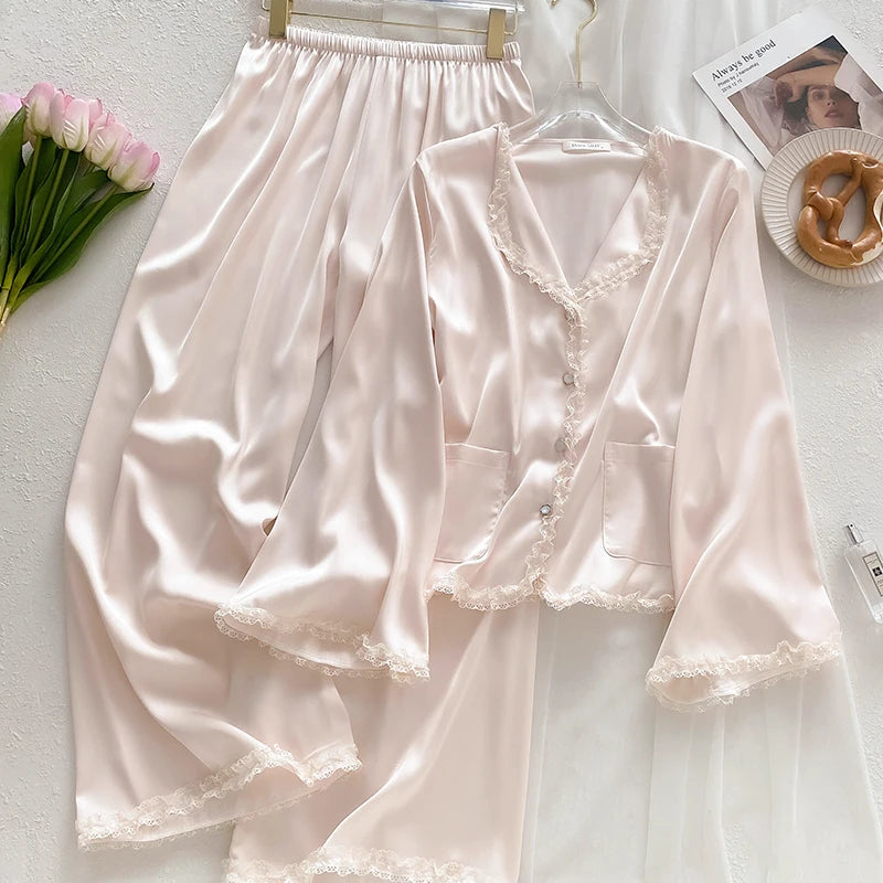 100%Silk Lace Patchwork Long Sleeve Pajama Sets, Fashion Loose Sleepwear Woman 2025