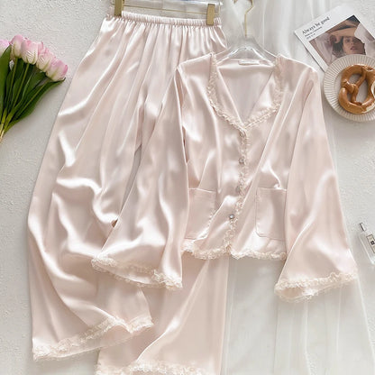 100%Silk Lace Patchwork Long Sleeve Pajama Sets, Fashion Loose Sleepwear Woman 2025
