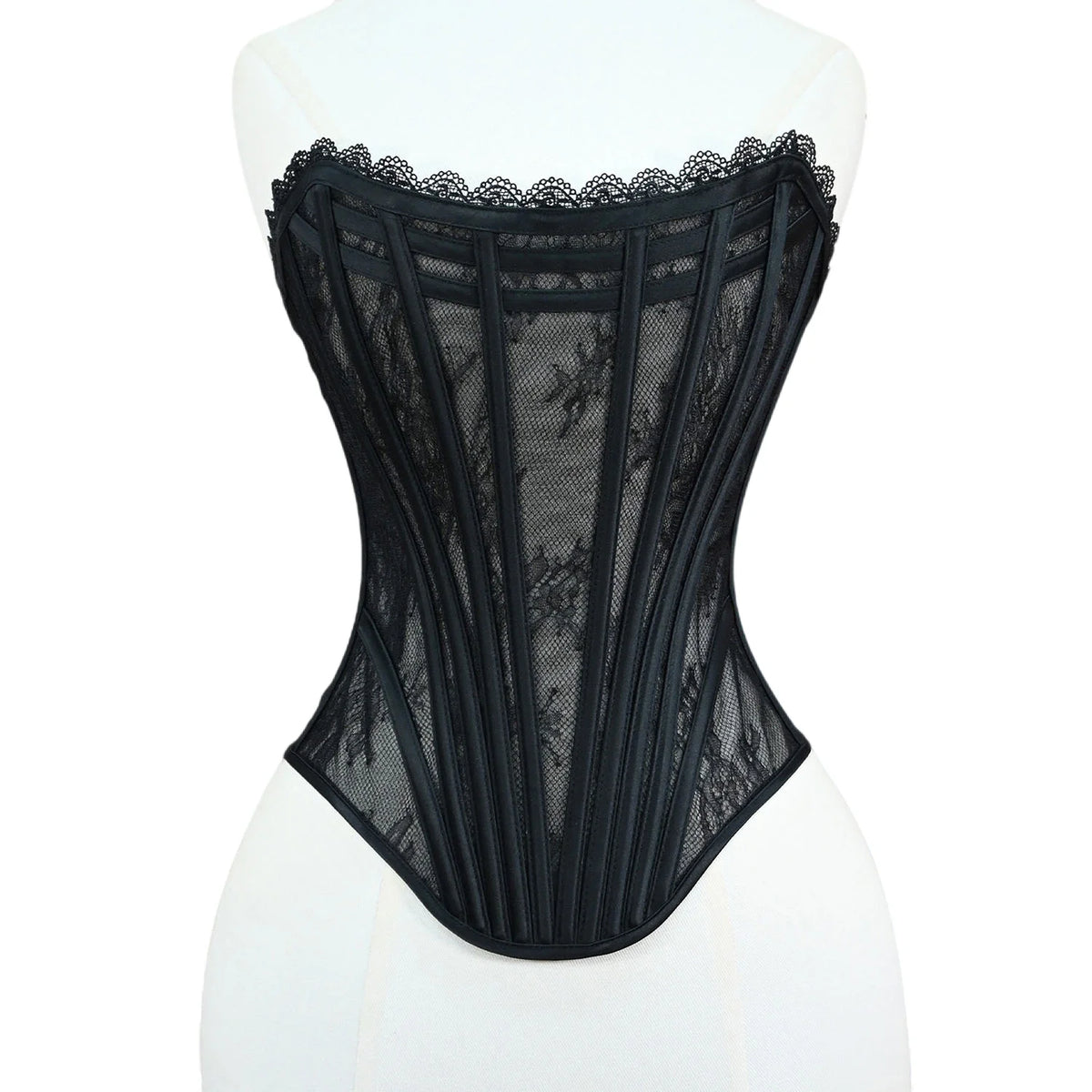 Women Luxury Transparent Mesh Corset Bustier Overbust Lace Up Boned Bodice Sexy Straoless Tube Tops For Wedding Party Costume