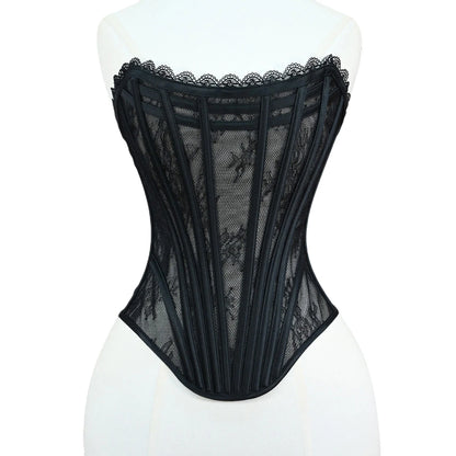 Women Luxury Transparent Mesh Corset Bustier Overbust Lace Up Boned Bodice Sexy Straoless Tube Tops For Wedding Party Costume