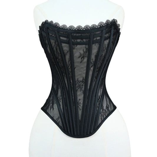 Women Luxury Transparent Mesh Corset Bustier Overbust Lace Up Boned Bodice Sexy Straoless Tube Tops For Wedding Party Costume